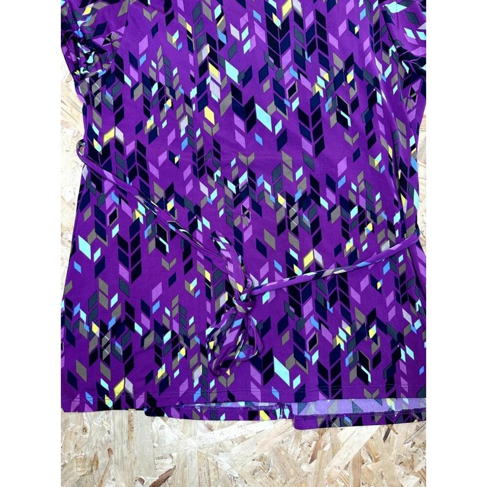 Attention Womens Purple Geometric Blouse Size Large Cap Sleeve V-Neck Belted Top - Picture 13 of 16